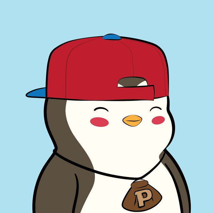 A cartoon penguin character wearing a red backwards cap and a brown money bag necklace with a 'P' symbol on it, against a light blue background.