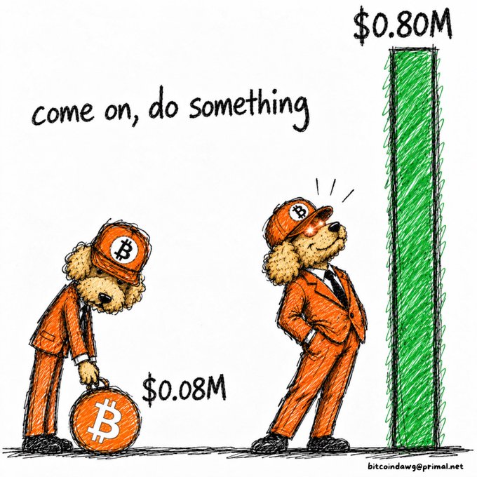 A cartoon illustration from bitcoindawg@primal.net showing two Bitcoin-themed dogs, with one small bag worth $0.08M and a green bar representing $0.80M, captioned 'come on, do something'.