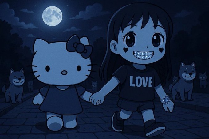 A girl with heart-shaped cheeks and a "LOVE" shirt holds hands with Hello Kitty under a full moon, surrounded by shadowy cat figures. The whimsical, dark-toned illustration pairs with the post's "$KITTY" reference, evoking a playful, mysterious Hello Kitty-themed crypto vibe.