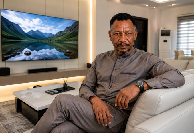A distinguished-looking man in a gray traditional outfit relaxes on a white leather sofa in a modern, well-lit living room with a large TV displaying a scenic mountain landscape behind him. The polished, comfortable setting suggests an affluent individual likely commenting on creator visibility and platform engagement on X (formerly Twitter).