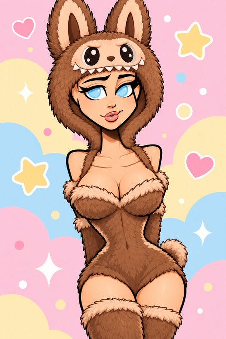 An anime-style illustration of a girl with blue eyes wearing a brown furry bear hood and a revealing fur-trimmed outfit, posed against a pink and yellow pastel background decorated with hearts and stars.