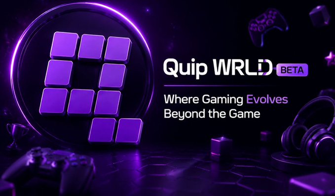A purple-themed promotional banner for 'Quip WRLD BETA' with the tagline 'Where Gaming Evolves Beyond the Game', featuring a grid logo and gaming peripherals in the background.