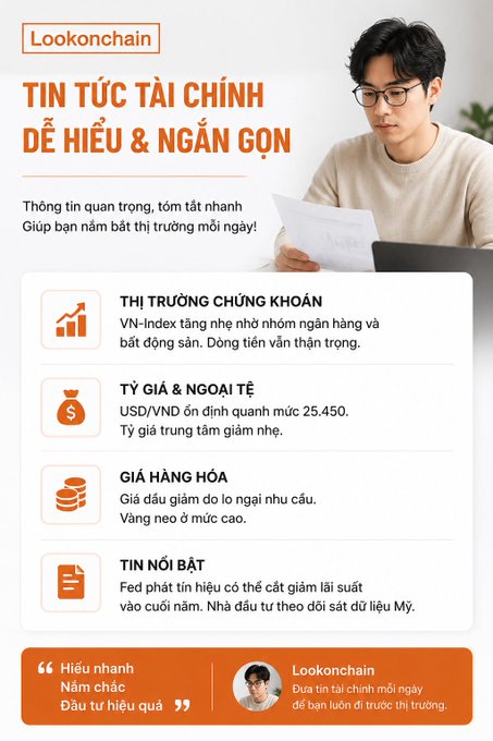 Vietnamese financial news graphic from 'Lookonchain' titled 'TIN TỨC TÀI CHÍNH DỄ HIỂU & NGẮN GỌN' featuring a man reading a document and summaries of stock market, exchange rates (USD/VND at 25.450), commodity prices, and Fed news.