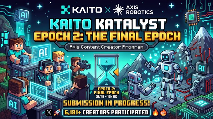 A promotional graphic for 'KAITO X AXIS ROBOTICS' announces 'KAITO KATALYST EPOCH 2: THE FINAL EPOCH', an 'Axis Content Creator Program' with 6,181+ creators participated.