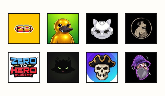 A grid of eight digital avatars and logos including 'ZB' on yellow, an orange duck-like figure, a white robotic helmet, a caveman profile, 'ZERO TO HERO ACADEMY', a dark shadowy figure with glowing eyes, a skull with horns, and a gnome/wizard character.