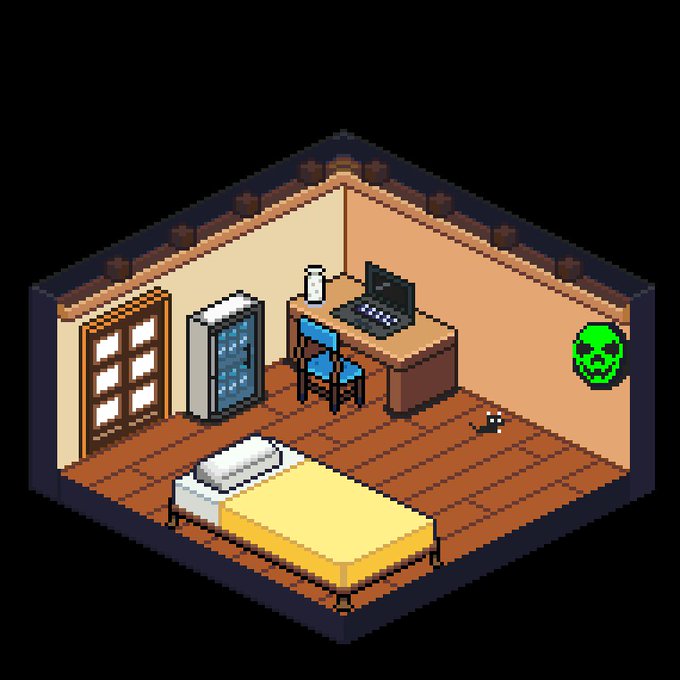 Isometric pixel art illustration of a small bedroom containing a bed with yellow sheets, a desk with a laptop and chair, a wardrobe, window, and a small cat, with a green skull pixel art sprite floating on the right side.