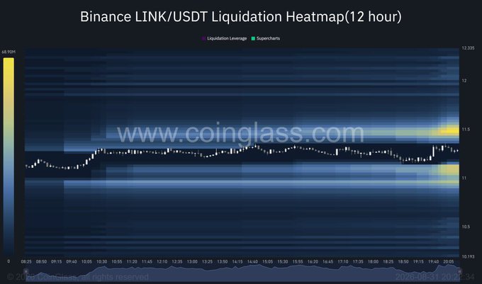 Binance LINK/USDT Liquidation Heatmap (12 hour) from Coinglass.com, displaying price levels and liquidation leverage data on a blue background.
