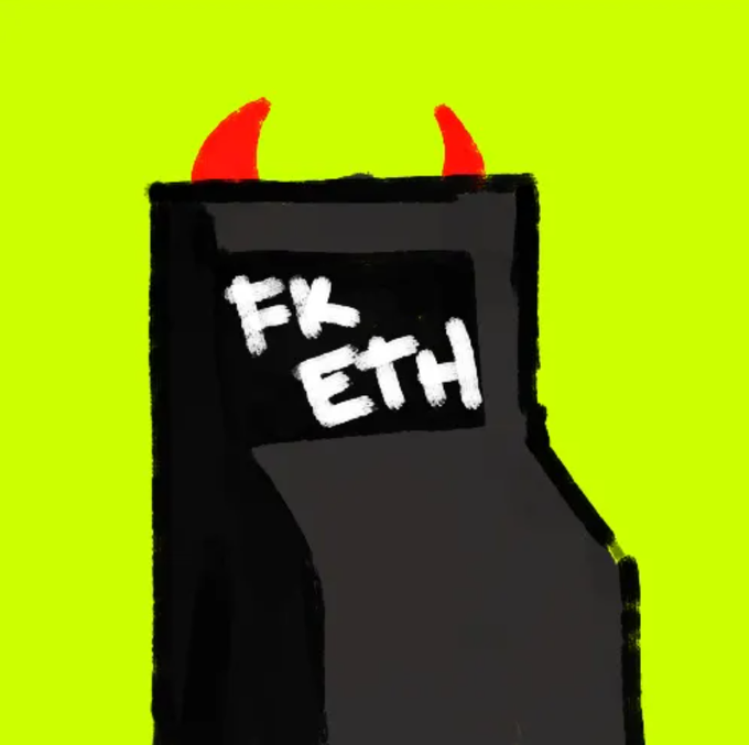 A digital illustration of a dark hooded figure with red devil horns against a bright yellow-green background, featuring a screen displaying 'FK ETH' in white text.