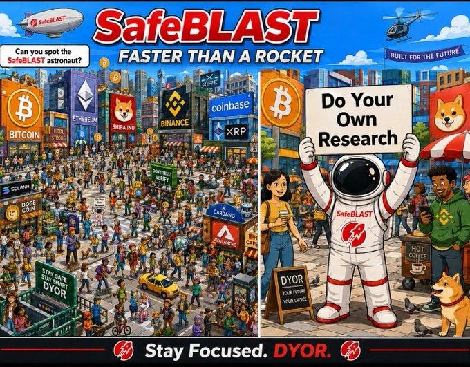 A cartoon cityscape filled with crypto logos (Bitcoin, Ethereum, Shiba Inu, Binance, XRP, Solana, Cardano) features a SafeBLAST astronaut holding a "Do Your Own Research" sign, with smaller chalkboards reading "DYOR" and "Stay Focused." The image visually supports the post's message about filtering out crypto "noise" and focusing on legitimate projects like SafeBLAST ($BLAST), using the busy, cluttered scene to represent distractions and the astronaut as a symbol of trustworthy guidance.