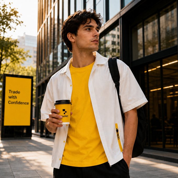 A man in a white shirt and yellow t-shirt holding a coffee cup and backpack, standing in a city setting with a yellow billboard reading 'Trade with Confidence' and a logo on his cup that appears to say 'YAPBIT'.