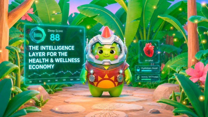 A cheerful green creature wearing a futuristic helmet and red armor stands in a lush jungle setting, surrounded by holographic health displays showing "Sleep Score 88," "THE INTELLIGENCE LAYER FOR THE HEALTH & WELLNESS ECONOMY," a heart rate of "89 BPM," "Hydration: Good," and "Activity: 18714 steps." The image visually represents the Sleepagotchi project by gamifying wellness tracking through an accessible, mascot-driven interface—aligning with the post's theme of lowering barriers to Web3 adoption by replacing complex crypto jargon with simple, familiar health metrics anyone can understand.
