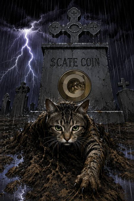 A storm-soaked cat rises from muddy graves beneath a tombstone labeled "$CATE COIN," with lightning splitting the dark sky behind it. The image serves as a dramatic visual metaphor for the poster's claim of taking on a nearly impossible task with $CATE, framing themselves as a lone survivor battling through "graveyard" conditions and adversity for little personal gain.