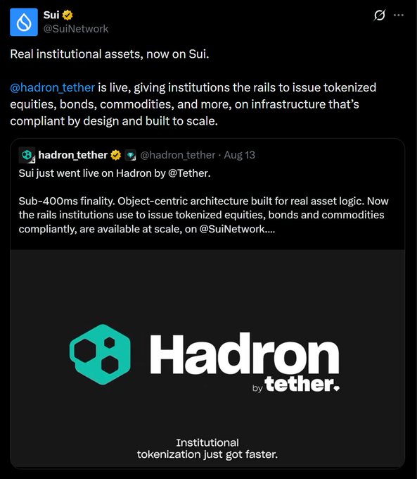 A Sui Network tweet announcing that @hadron_tether is live, providing institutional rails to issue tokenized equities, bonds, and commodities on Su's infrastructure with sub-400ms finality.