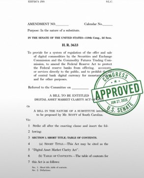 This image shows the official text of "A BILL TO BE ENTITLED DIGITAL ASSET MARKET CLARITY ACT" (H.R. 3633), introduced in the 119th Congress on February 26, with a green "APPROVED U.S. SENATE MAY 27, 2026" stamp overlaid on it. However, the caption's claim that the White House approved a CLARITY Act agreement appears unsubstantiated, as the document shows only a Senate approval stamp—not White House action—and the bill's text describes an ongoing framework rather than a finalized deal.