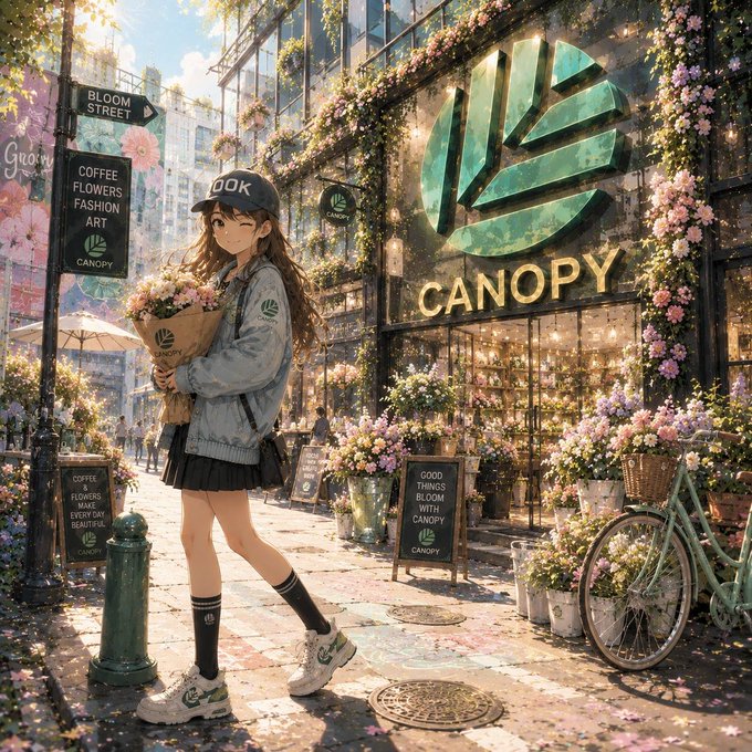 An anime-style illustration features a girl in a denim jacket and cap holding a bouquet of flowers on 'Bloom Street,' standing in front of a flower shop called 'CANOPY' with a mint-colored bicycle nearby.