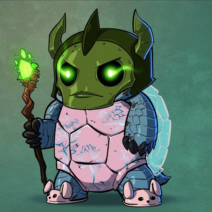 The image features a cartoon turtle character with a green head, wearing a helmet that has a glowing green light inside of it. The turtle also has a stick in its hand. The background color of the image is blue, which contrasts with the pink shoes worn by the turtle. There are no other objects or text present in the image.