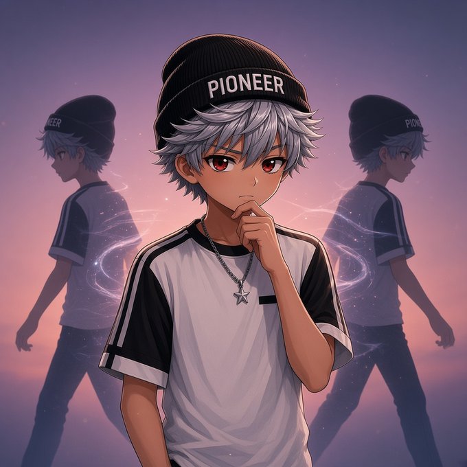 An anime-style illustration features a silver-haired boy wearing a black beanie labeled 'PIONEER' and a black-and-white shirt, with two silhouetted figures in the background against a purple sunset sky.