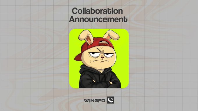 A 'Collaboration Announcement' graphic featuring a cartoon character with dog/rabbit ears wearing a red backwards cap and black hoodie, on a green background with the 'WINGFO' logo.