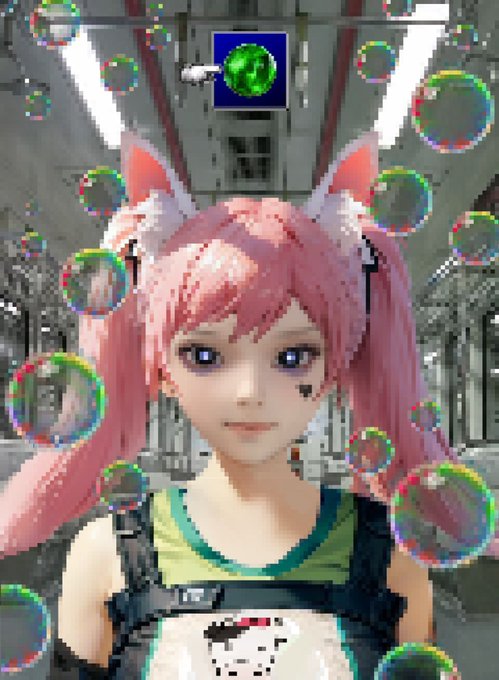 An anime-style illustration of a pink-haired character with fox ears surrounded by iridescent bubbles in a subway/train setting.