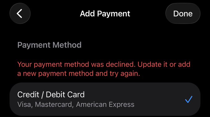 The image shows an "Add Payment" screen with a red error message stating "Your payment method was declined. Update it or add a new payment method and try again," with a Credit/Debit Card option selected for Visa, Mastercard, and American Express. This directly relates to the user's frustration, as even their Mastercard was rejected despite being a valid card option, likely on a platform like Cash App.