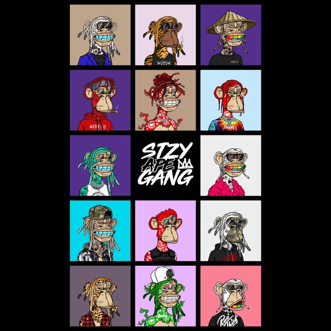 A 3x3 grid of cartoonish ape characters in various outfits and colors, with the central square reading 'STZY APE GANG'.