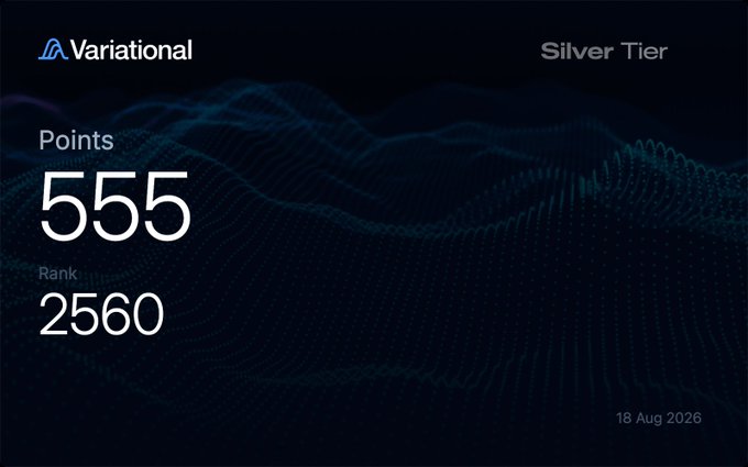 A digital dashboard display shows the 'Variational' logo, indicating a 'Silver Tier' status with 'Points 555' and 'Rank 2560' against a dark, wavy background, dated '18 Aug 2026'.