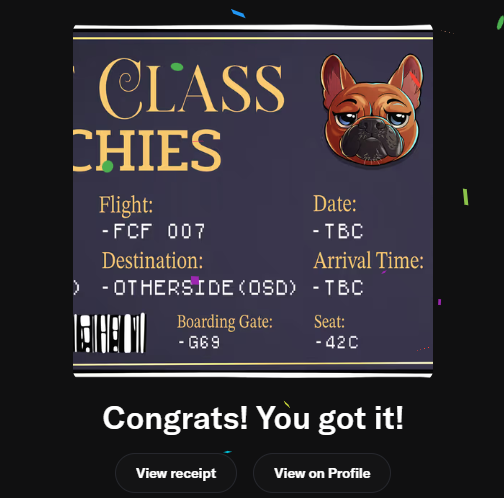 A digital 'Class Passes' boarding pass-style ticket showing flight FCF 007 to Otherside (OSD) with a cartoon dog emblem and 'Congrats! You got it!' displayed below.