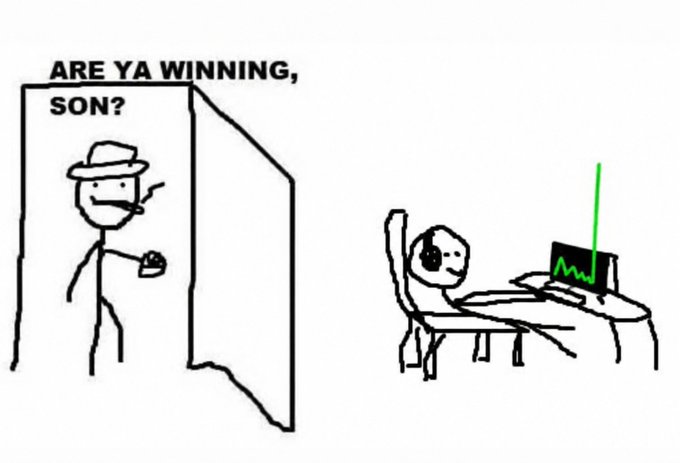 A black-and-white comic strip showing a gangster figure asking 'ARE YA WINNING, SON?' while his offspring sits at a computer desk, with a humorous green stock chart line overlaid on the monitor.