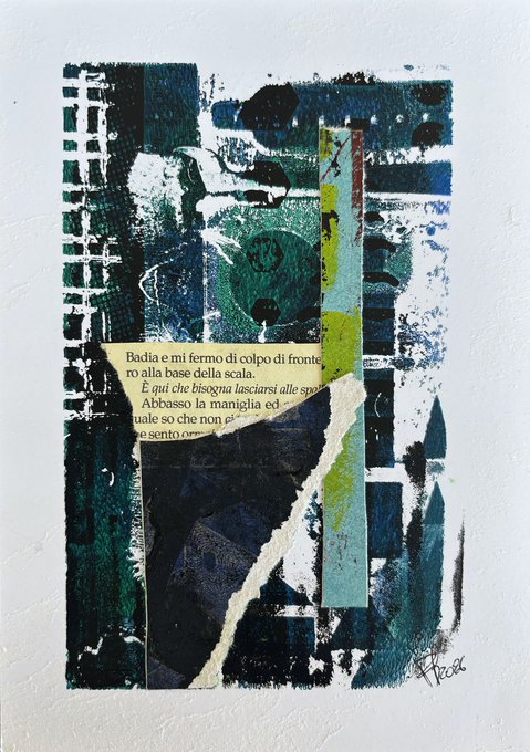 A mixed-media collage artwork in teal and blue tones featuring torn paper, painted textures, and a fragment of Italian text from what appears to be a translated novel.