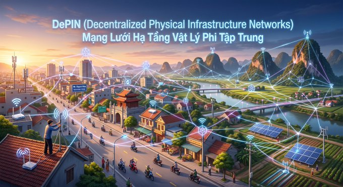An illustrated cityscape overlaid with network connection lines features the text "DePIN (Decentralized Physical Infrastructure Networks)" and "Mạng Lưới Hạ Tầng Vật Lý Phi Tập Trung".