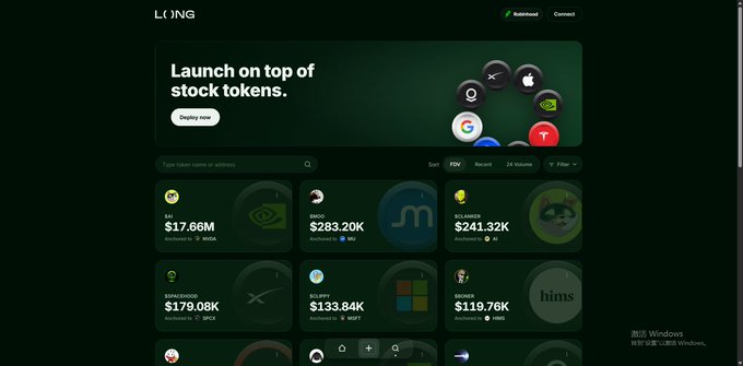 The image shows the homepage of Long.xyz, a launchpad on the Robinhood chain, featuring the tagline "Launch on top of stock tokens" with a "Deploy now" button. It displays a grid of token listings including $NVDA ($17.66M), $MS ($283.20K), $GOOG ($241.32K), $XOM ($179.08K), $MSFT ($133.84K), and $GOOGL ($119.76K), illustrating the platform's stock-token pairings. This visual supports the post's claim that Long.xyz remains the only Robinhood chain launchpad focused on stock token pairings, with a leader like $AI breaking market cap highs.