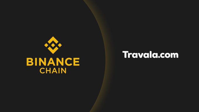 A dark promotional graphic displaying the Binance Chain logo on the left alongside the Travala.com branding on the right.