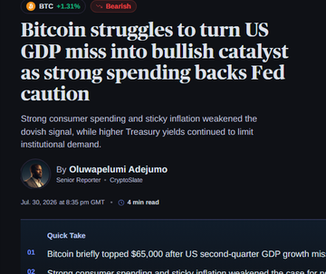 A news article headline reading "Bitcoin struggles to turn US GDP miss into bullish catalyst as strong spending backs Fed caution" by Oluwapelumi Adejumo, dated July 30, 2026.