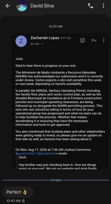 A screenshot of an email from Zachariah Lopez to Josh regarding progress on MARN (Ministerio de Medio Ambiente y Recursos Naturales) permitting for a project, mentioning MINSAL Sanitary Operating Permits and Alcaldia Municipal de Candelaria.