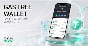 The image shows a promotional graphic for a "GAS FREE WALLET" enabling users to "Send USDT on Tron Without TRX," featuring a smartphone displaying the TronLink wallet app interface with various transaction options, alongside the TronLink logo and a "change NOW" badge in the corner.