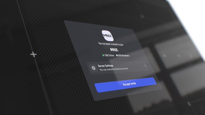 A Discord invite card for the "MNX" server, showing 155 online members and 9,928 total members, with an "Accept Invite" button and a "Server Settings" option. The image visually promotes the launch of the MNX Discord community for discussing and trading the platform, matching the accompanying invitation link "discord.gg/mnxfi."