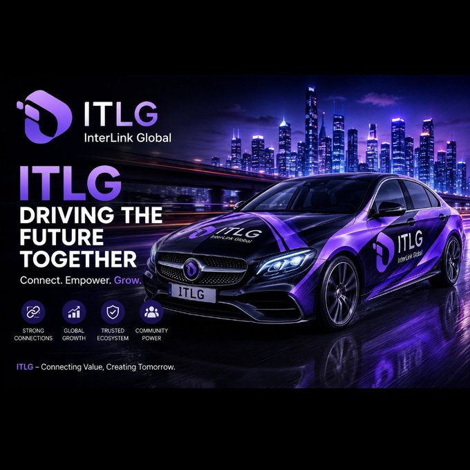 A promotional graphic for ITLG (InterLink Global) with a futuristic purple Mercedes-Benz sports car against a city skyline, featuring the tagline 'Driving The Future Together' and icons for Strong Connections, Global Growth, Trusted Ecosystem, and Community Power.
