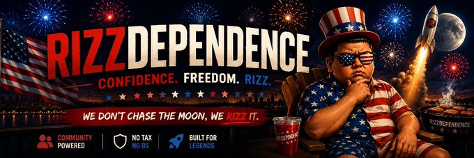 A promotional banner for "RIZZDEPENDENCE" featuring a muscular figure in an Uncle Sam hat and American flag attire against a patriotic backdrop of fireworks, an American flag, and a launching rocket. The banner displays slogans like "CONFIDENCE. FREEDOM. RIZZ." and "WE DON'T CHASE THE MOON, WE RIZZ IT," alongside tags such as "COMMUNITY POWERED," "NO TAX NO BS," and "BUILT FOR LEGENDS"—visually reinforcing the post's message about the Solana meme token's bold, community-driven branding.