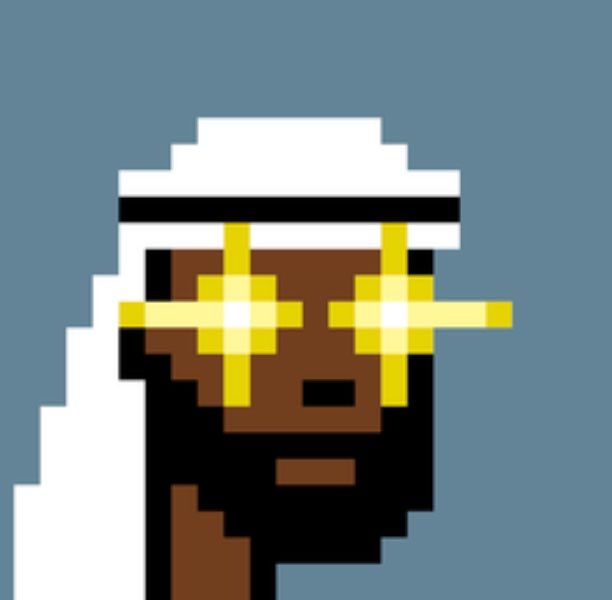 A pixel art image of a dark-skinned figure wearing a white head covering with glowing yellow cross-shaped glasses against a blue-gray background.