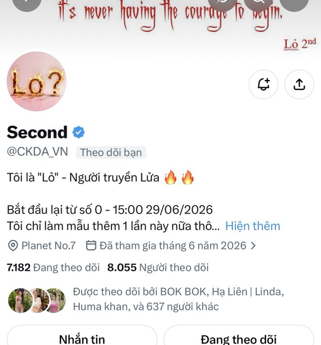 A Twitter/X profile page for 'Second' (@CKDA_VN) with the header 'it's never having the courage to begin,' showing 7,182 following and 8,055 followers, with Vietnamese-language bio text.