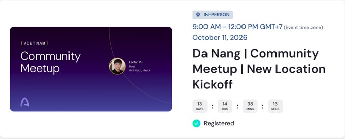 An event registration confirmation for the 'Da Nang | Community Meetup | New Location Kickoff' hosted by Lester Vu, scheduled for October 11, 2026, in Vietnam.
