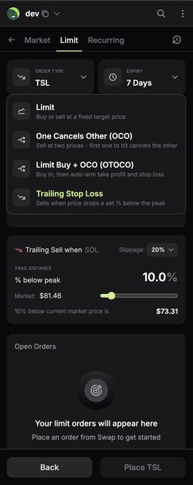 A screenshot of Jupiter Wallet Extension's limit order interface shows a "Trailing Stop Loss" order for SOL at $81.46, with a 10% trail distance below peak (equating to $73.31) and a 20% slippage setting. This demonstrates the new limit order functionality on Jupiter Wallet Extension, where users can configure various order types like TSL, OCO, and OTOCO, as well as manage open orders and recurring trades directly from their wallet's side panel.