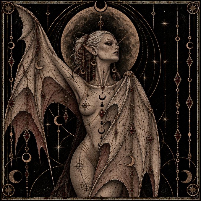 A detailed digital illustration of an elven winged figure with silver hair standing before a large full moon, adorned with moon phase symbols, geometric patterns, and mystical elements against a dark background.