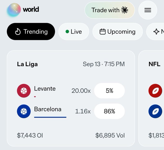 A screenshot of a sports betting app or website showing a La Liga match between Levante (20.00x, 5%) and Barcelona (1.16x, 86%) scheduled for Sep 13 at 7:15 PM.