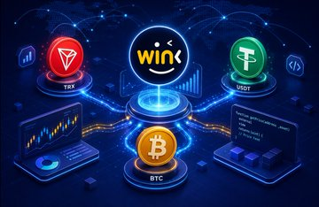 A digital graphic showing cryptocurrency logos including TRX, BTC, and USDT, with "winx" displayed in the center and connected by glowing lines, alongside chart and code visualizations.