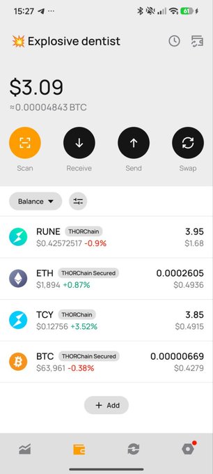 A screenshot from the Unstoppable crypto wallet showing a $3.09 balance with THORChain-secured holdings in RUNE ($1.68), ETH ($0.4936), TCY ($0.4915), and BTC ($0.4279), demonstrating the new THORChain and Maya Protocol integration mentioned in the post.