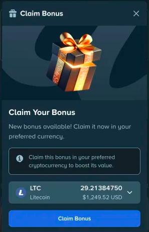 The image shows a screenshot of a social media platform where a user has won some money, and they are about to claim their bonus. The post includes a message that congratulates the winners and encourages them to share their winnings with @Stake. The post also mentions that the users' preferred currency is Litecoin (LTC), which is worth 29,847.50 US dollars. Additionally, there is an explanation of how to claim the bonus using LTC as payment.