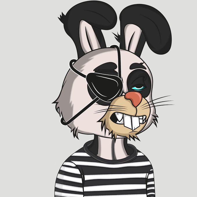 A 2D cartoon drawing of a white rabbit character with a black eye patch, buck teeth, and one blue eye, wearing a black and white striped shirt.