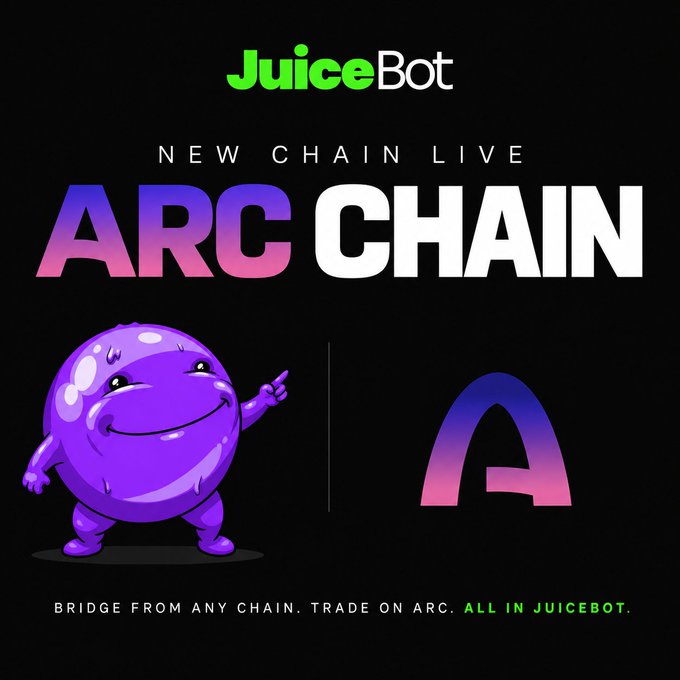 A promotional graphic for JuiceBot announcing 'NEW CHAIN LIVE / ARC CHAIN' with the text 'BRIDGE FROM ANY CHAIN. TRADE ON ARC. ALL IN JUICEBOT.', featuring a purple cartoon character and the Arc logo.
