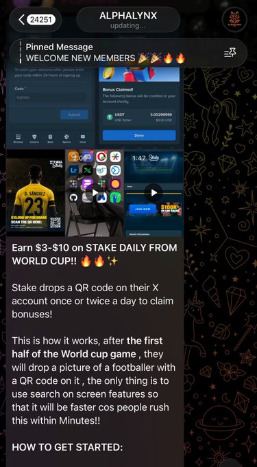 A screenshot of a Telegram channel called "ALPHALYNX" promoting daily World Cup earnings of $3-$10 on Stake, featuring a pinned welcome message with a USDT bonus claim, a code entry section, and a footballer's jersey displaying "SÁNCHEZ 23," alongside details explaining how users can scan QR codes from Stake's X account to claim bonuses during World Cup matches.